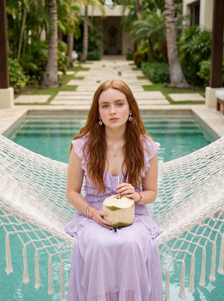 {"prompt": "A photorealistic portrait of a young woman with long auburn hair sitting on a white rope hammock suspended …
