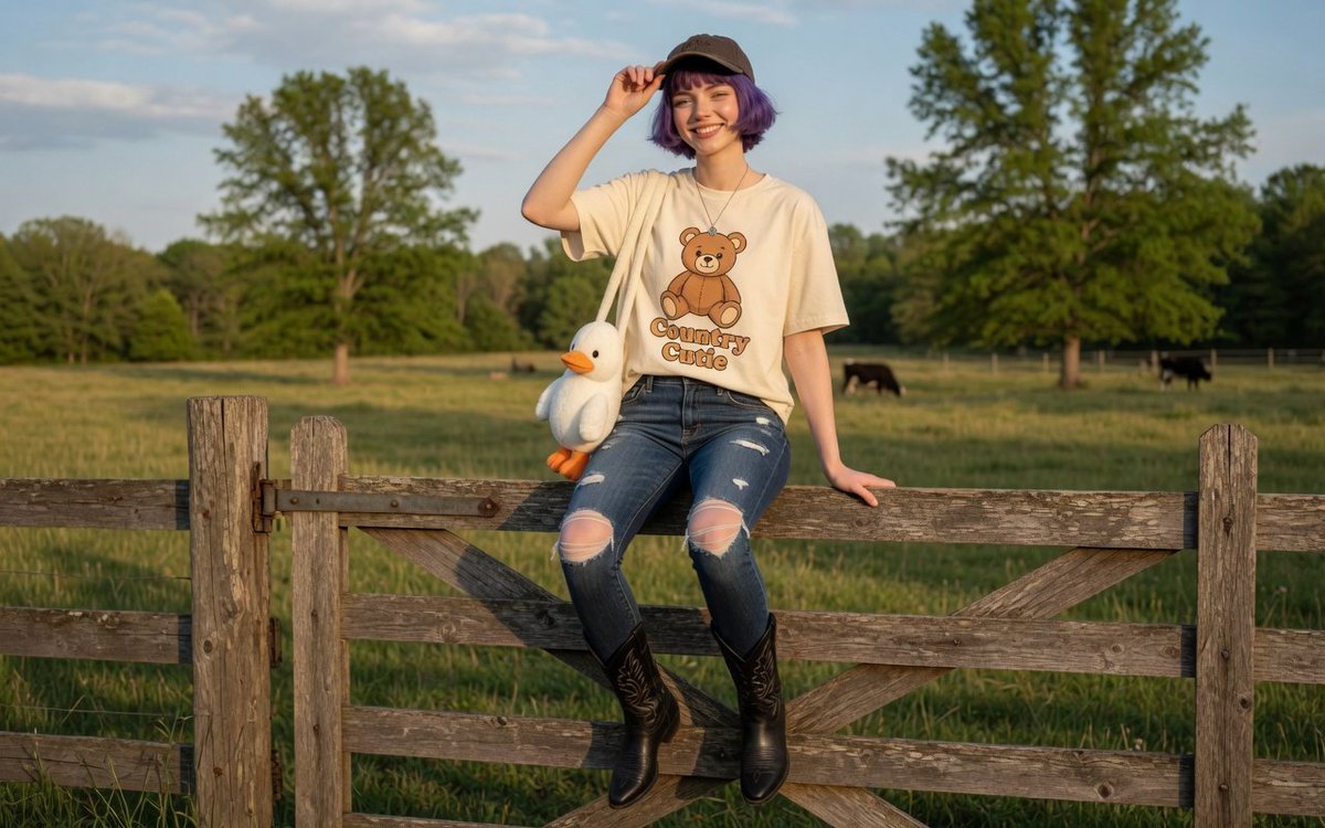 { "environment_and_background": { "location": "Rural countryside, farm field or ranch", "background_elements": [ "A rus…