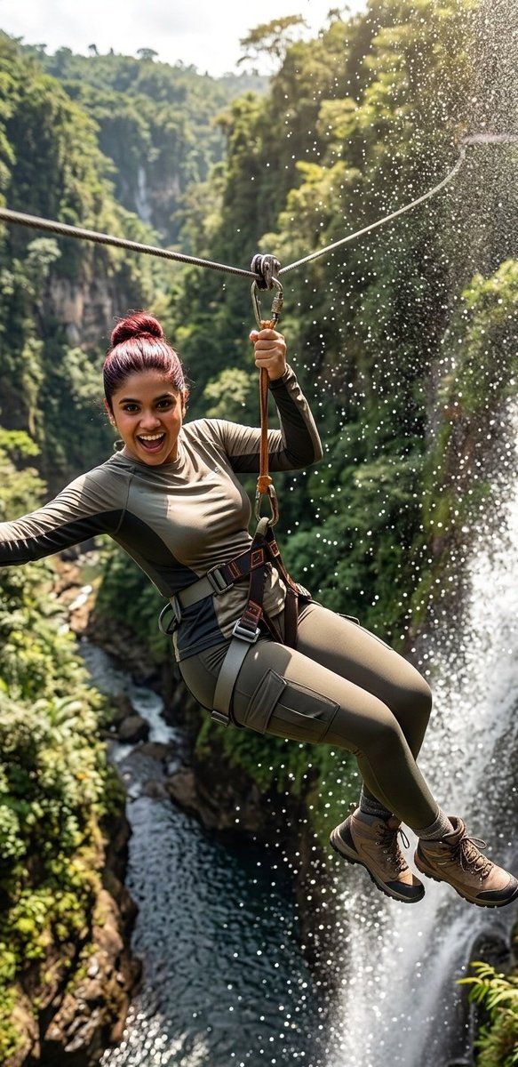 Photorealistic action shot in motion. A beautiful 25-year-old woman is flying on a zipline with an expression of deligh…