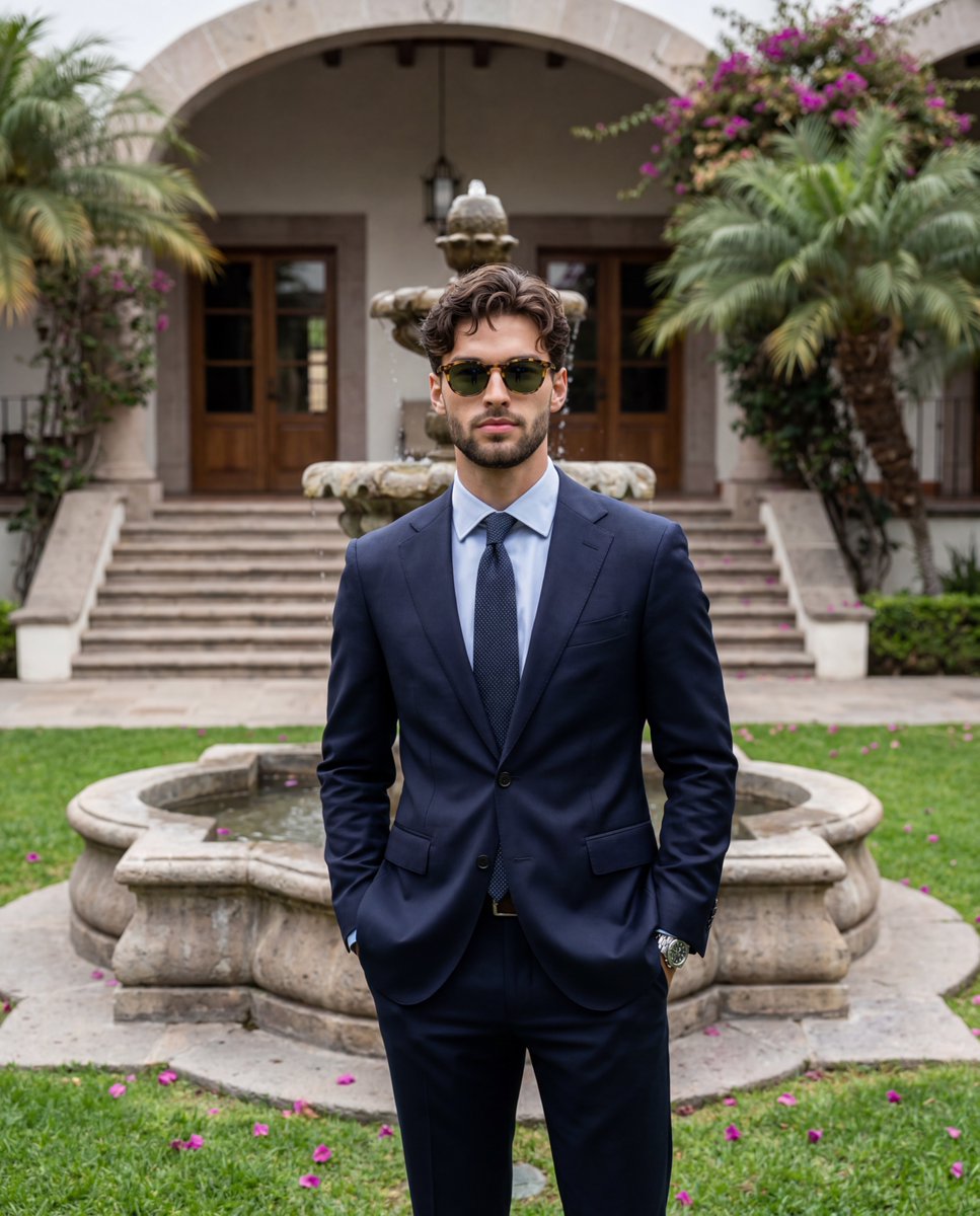 A confident {argument name="subject" default="young adult male"} stands perfectly centered facing the camera in a relax…
