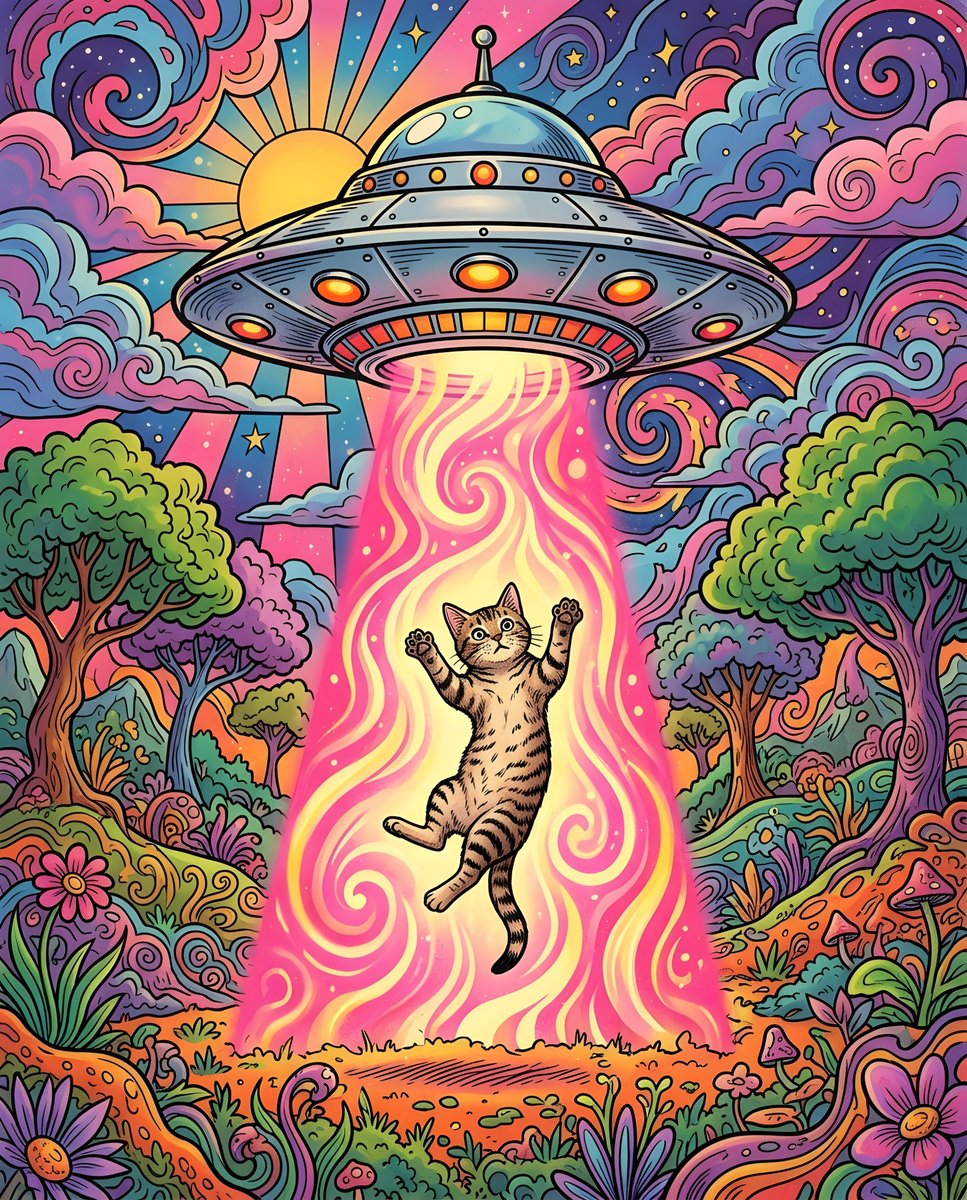 A vintage-style illustration depicts a surreal scene of a {argument name="animal" default="cat"} being abducted by a {a…