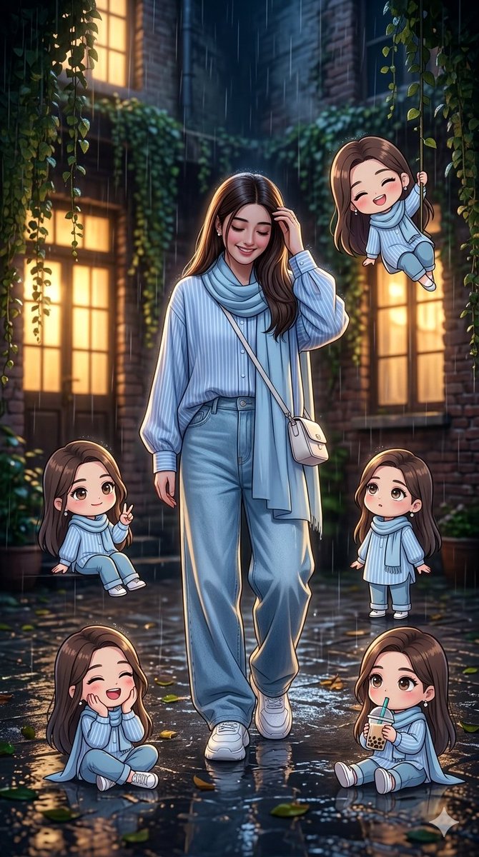 Ultra realistic cinematic anime-style nighttime portrait in a rainy dark courtyard with glowing warm window lights in t…