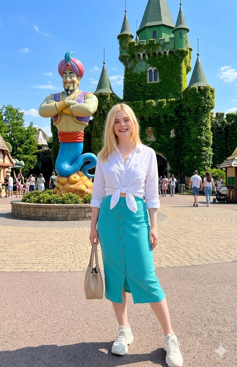 A full-body, high-quality travel photo of a stylish woman standing outdoors in a whimsical, fairy-tale themed park. She…