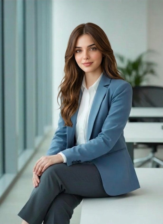 A professional portrait of a {argument name="subject" default="young South Asian woman"} sitting indoors in a {argument…