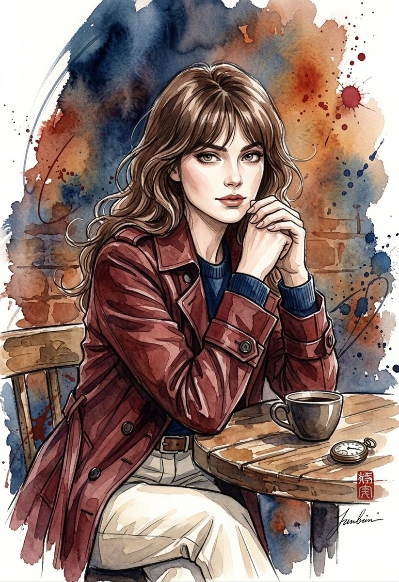 A stunning watercolor and ink illustration of a stylish {argument name="subject" default="young woman with wavy, should…