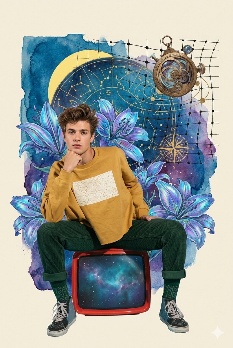 A digital collage artwork featuring a young man with styled brown hair sitting casually on top of a {argument name="ret…
