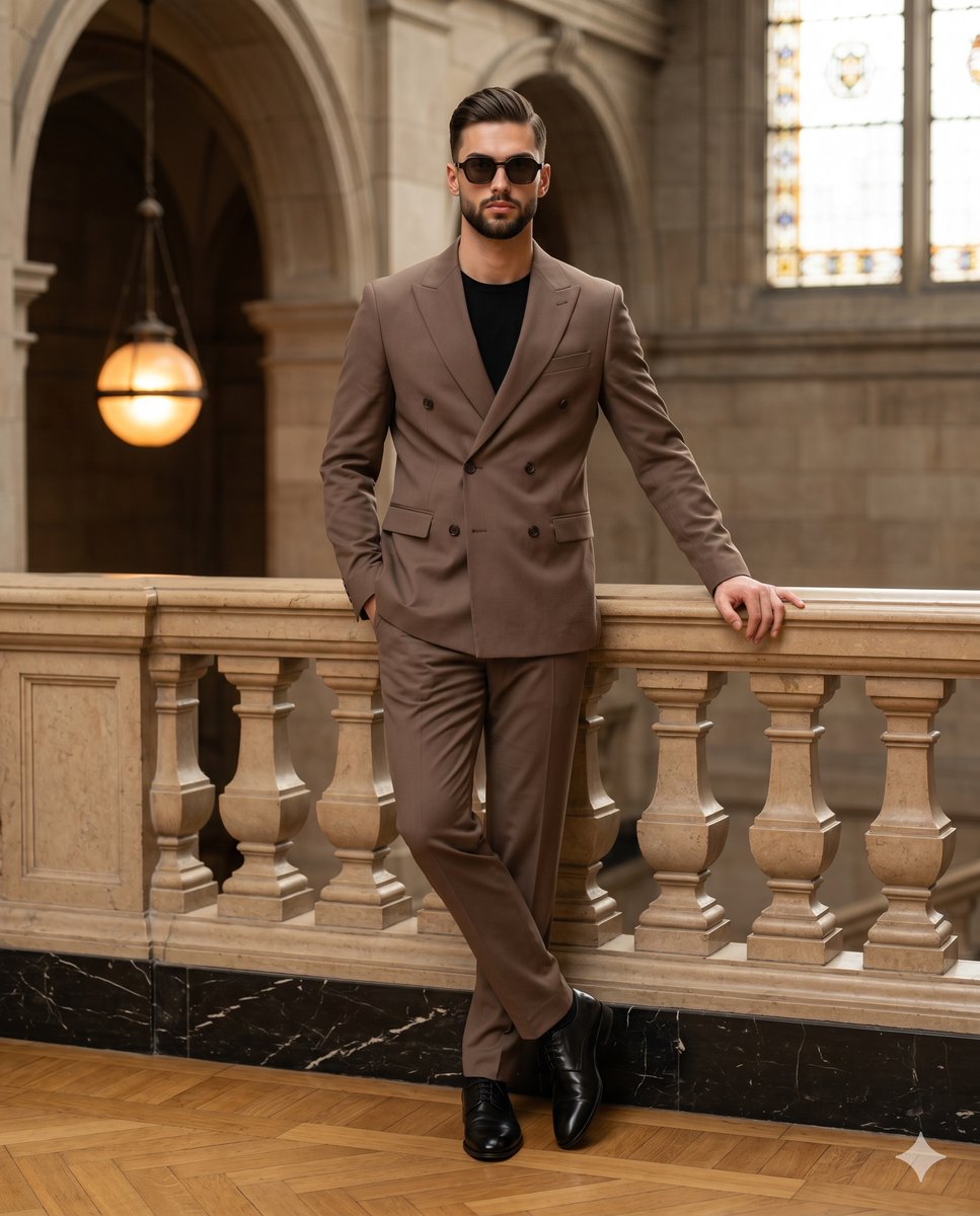 A stylish, confident man stands center frame in a perfectly tailored {argument name="suit color" default="mocha brown"}…