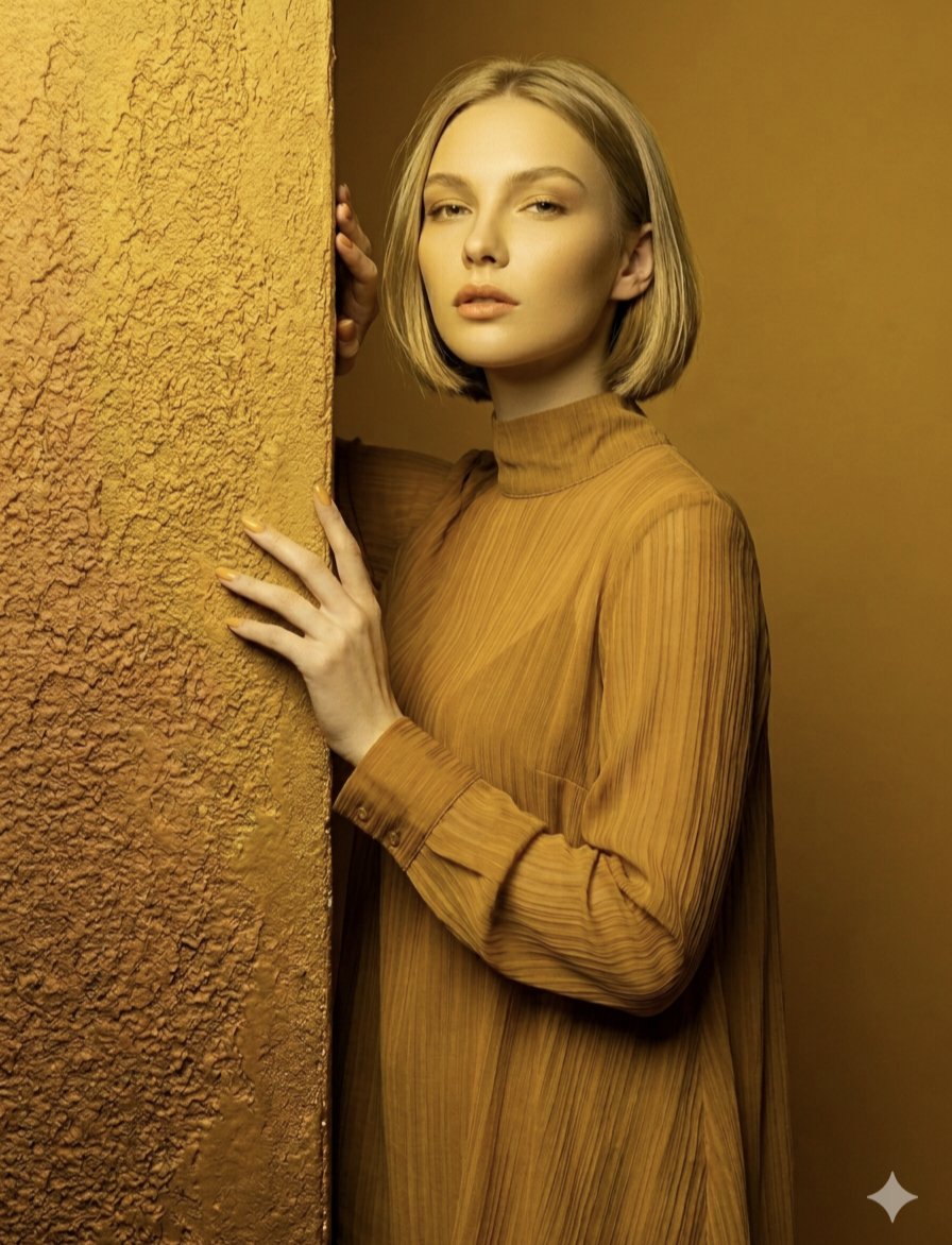 A professional fashion editorial portrait of a {argument name="subject" default="blonde woman with a sleek, chin-length…