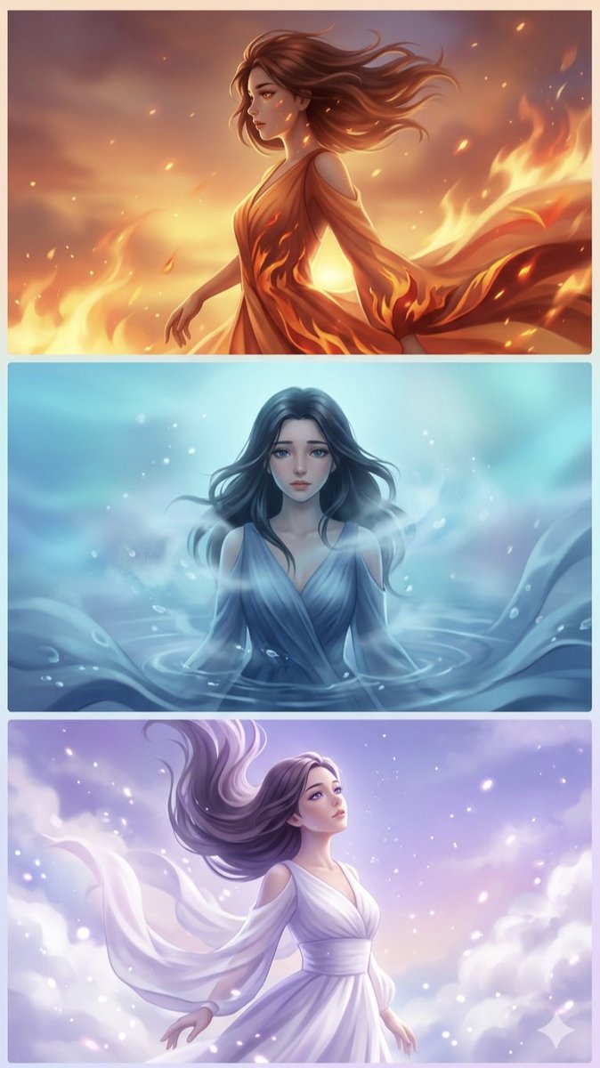 A triptych anime digital art piece displaying {argument name="subjects" default="three powerful women representing diff…