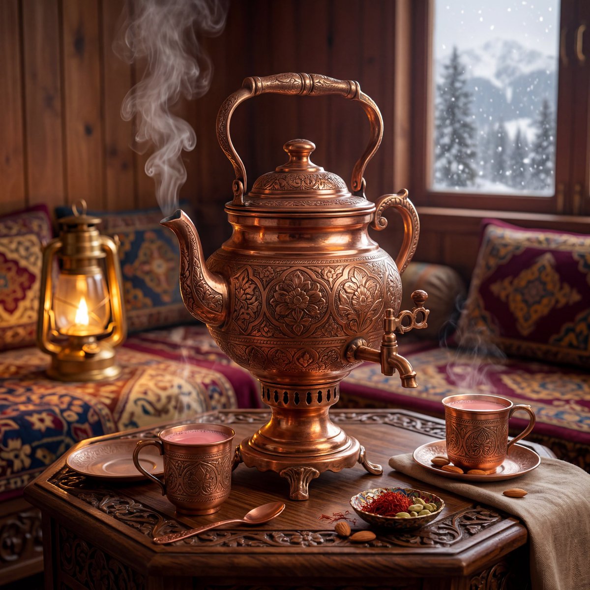 Ultra detailed luxury product photography of an {argument name="product" default="elegant traditional Kashmiri samawar"…