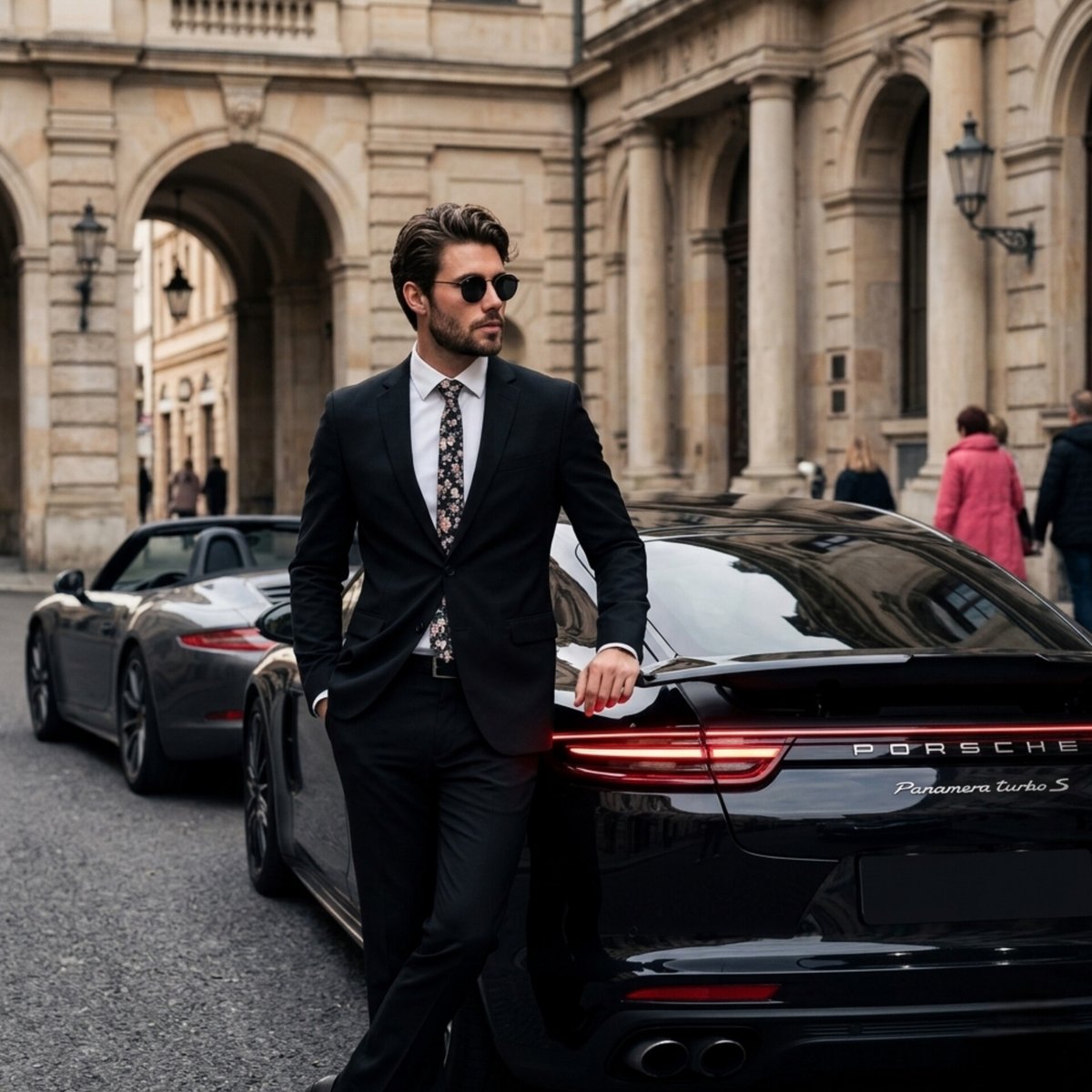 A young, well-groomed man in a {argument name="suit description" default="fitted matte black suit"}, crisp white shirt,…