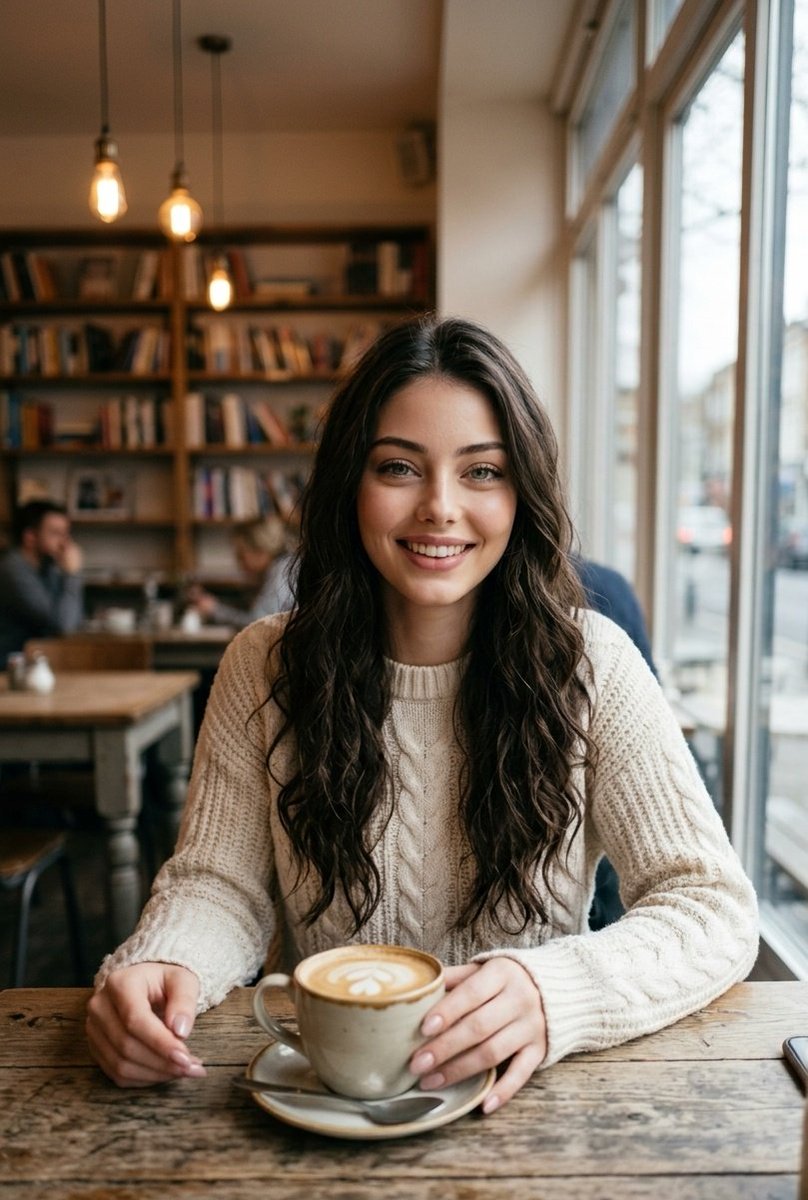 A candid, eye-level photograph captures a smiling beautiful woman in a cozy cafe, seated at a wooden table with her han…
