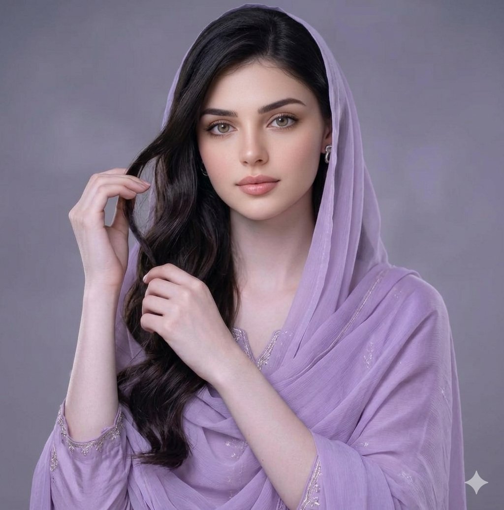 A high-fashion editorial studio portrait of a stunning young woman with delicate features, {argument name="eye color" d…