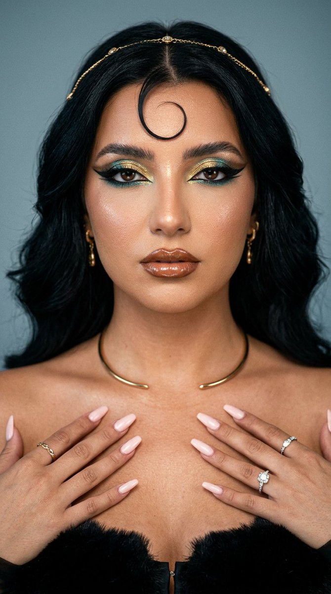 Ultra-photorealistic editorial beauty close-up, vertical 4:5, of a striking young woman against a soft muted blue-grey …