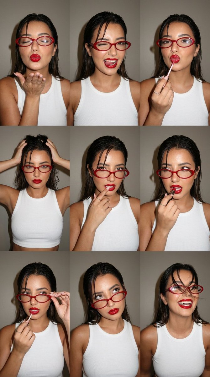 Ultra-photorealistic 3x3 photo grid (nine frames) of a young woman against a plain warm grey studio wall, shot like a c…