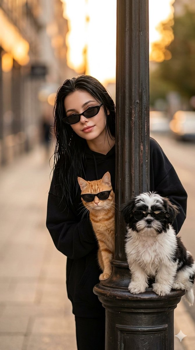 A highly detailed, ultra-realistic cinematic masterpiece photograph capturing a cool and stylish trio. In the center, a…