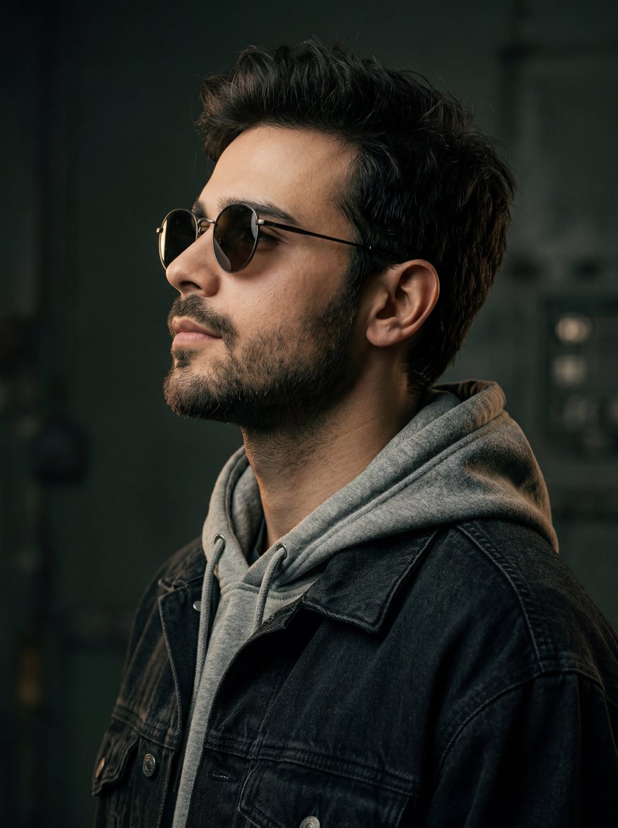 Ultra realistic cinematic side profile portrait of a {argument name="subject" default="stylish young man with messy dar…