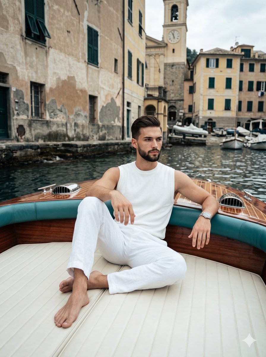 A young athletic man sits gracefully centered on an {argument name="furniture" default="off-white paneled leather sunbe…