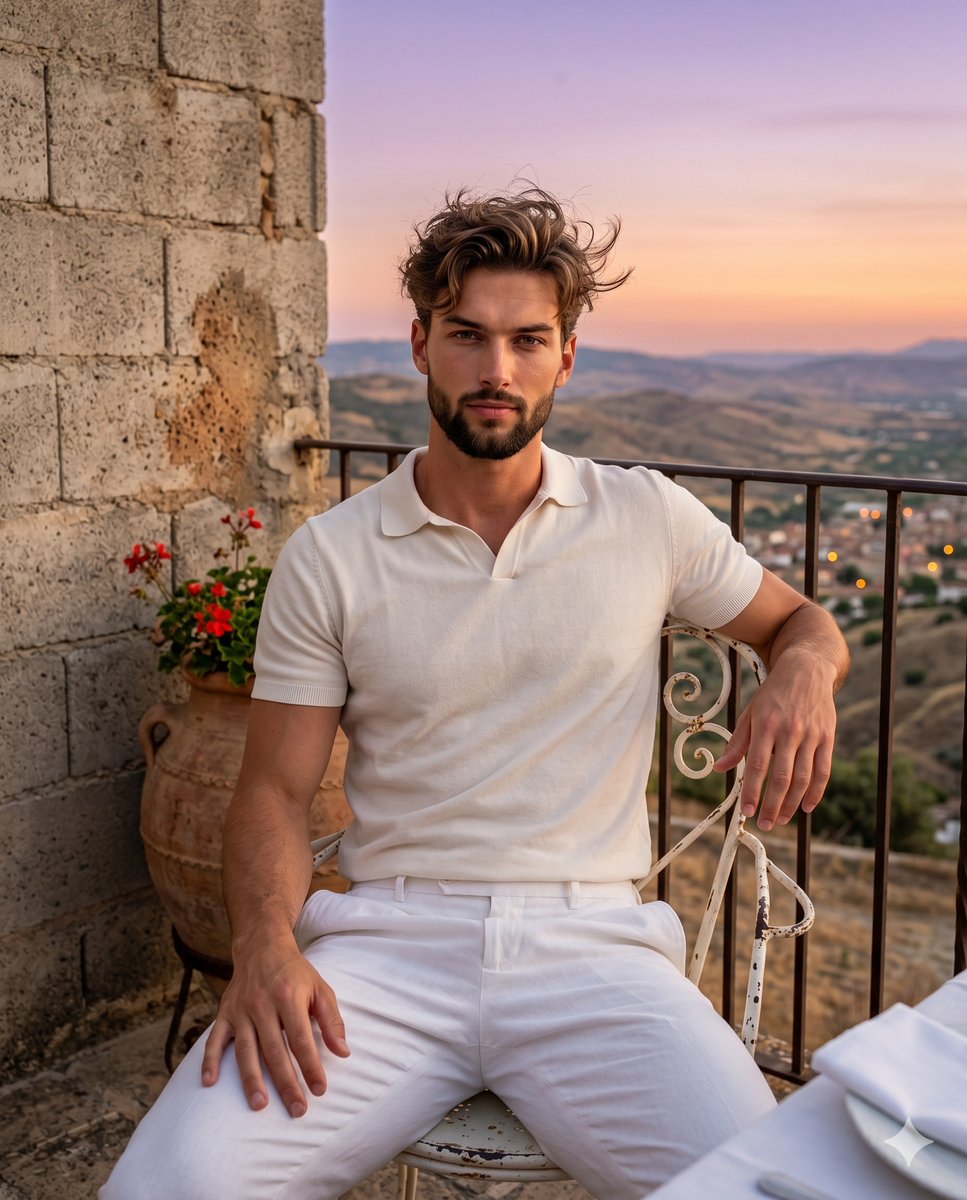A confident young adult male with an athletic build sits squarely facing the camera, leaning back slightly with level, …