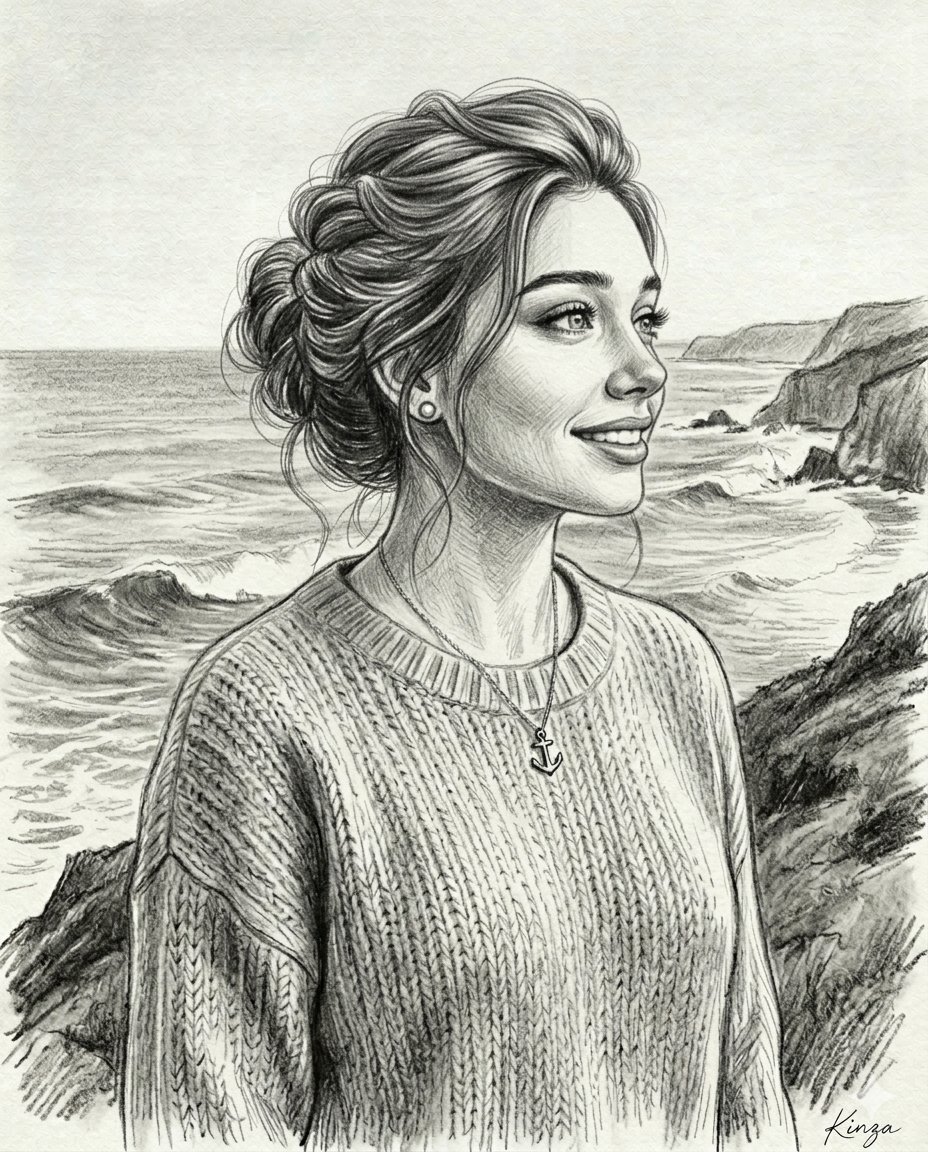 Create a 4:5 aspect ratio, highly detailed black-and-white graphite pencil portrait of a beautiful female subject stand…