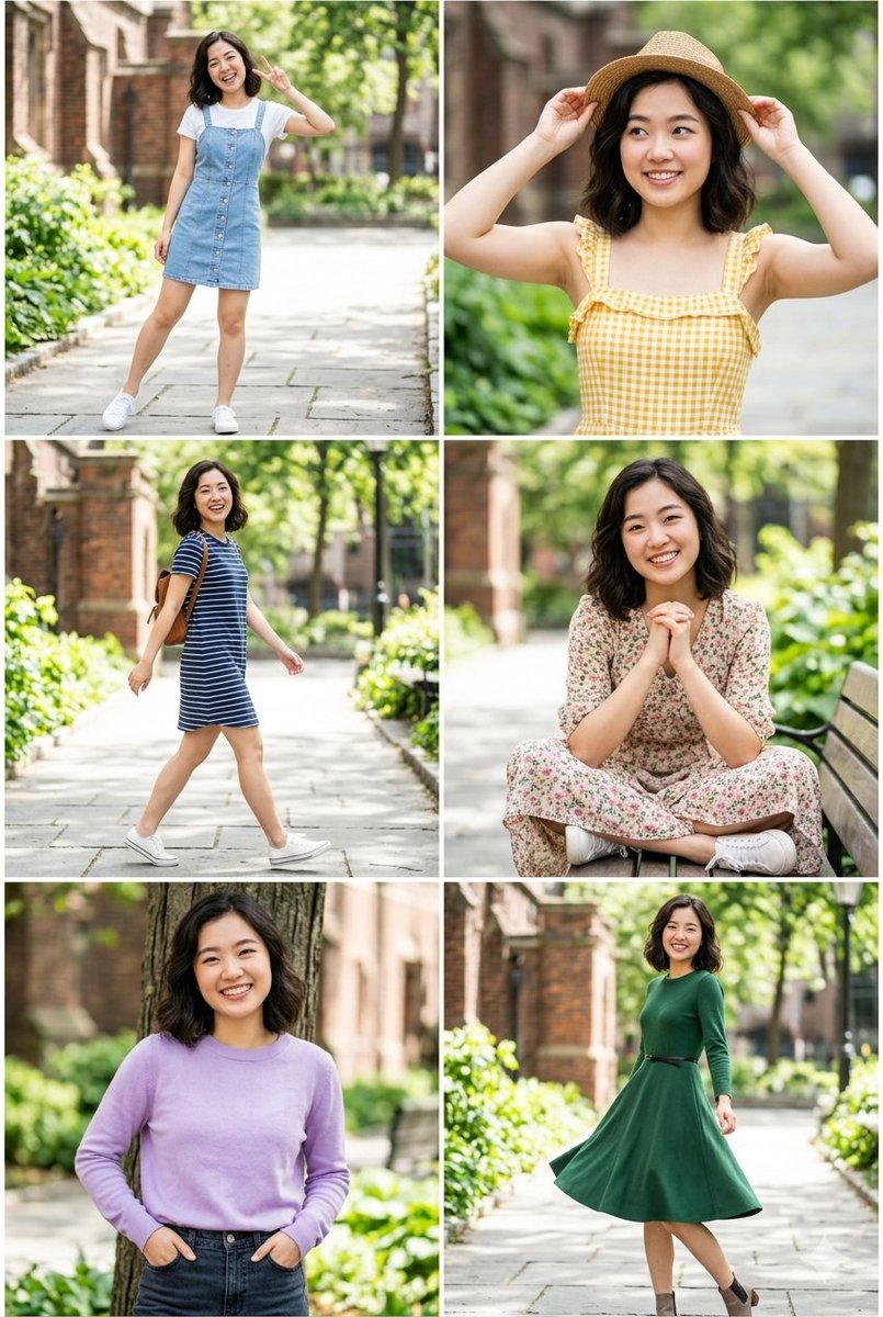 A collage of six distinct outdoor portraits featuring the same young {argument name="subject" default="East Asian woman…