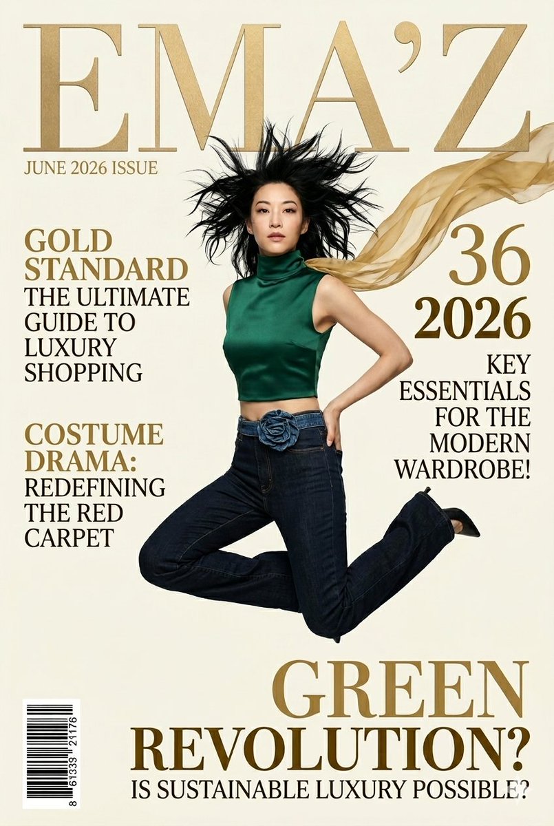 A detailed paragraph prompt for copy-pasting would describe a high-resolution, full-body vertical fashion magazine cove…