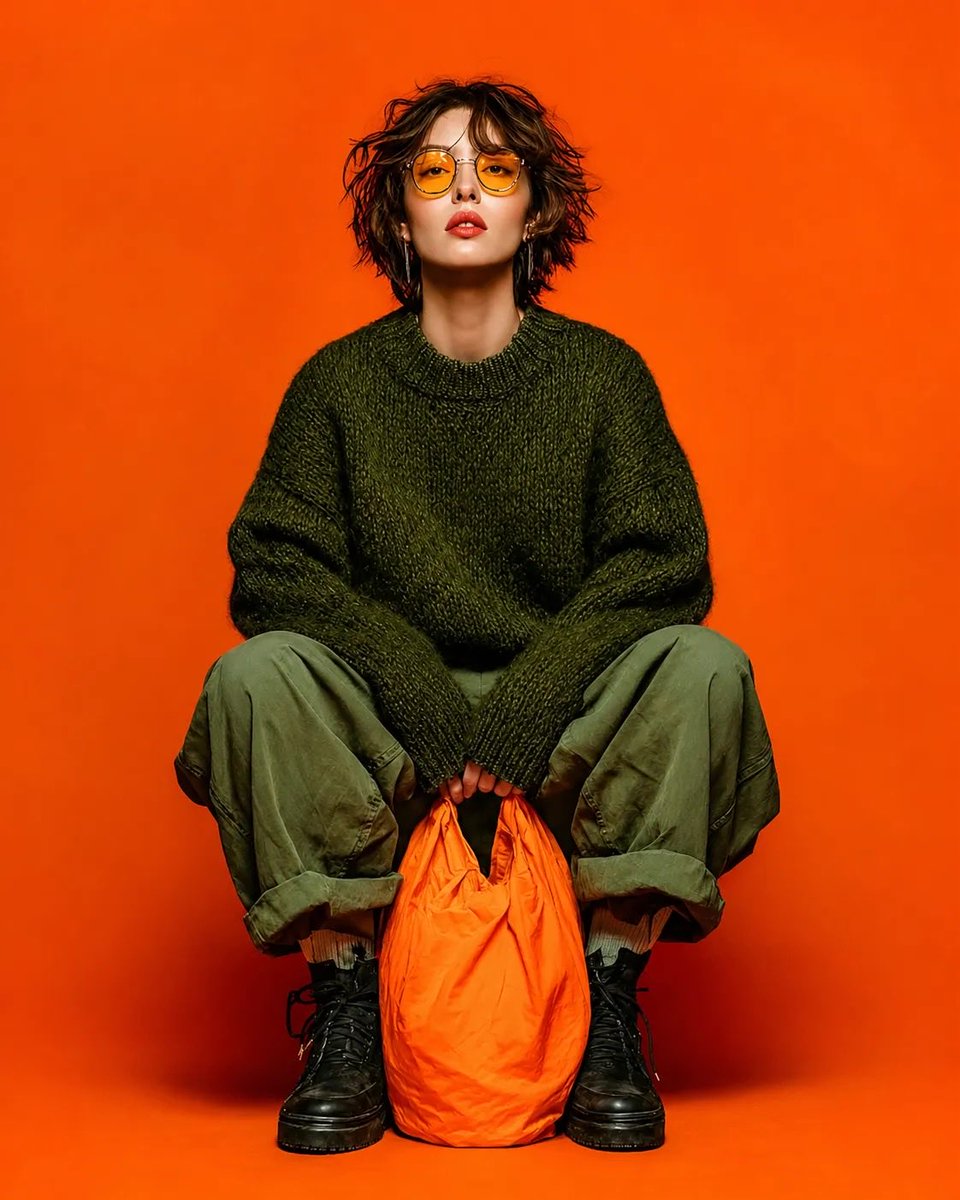 Studio fashion portrait of a young woman sitting against a bold solid orange background, wearing an oversized chunky da…