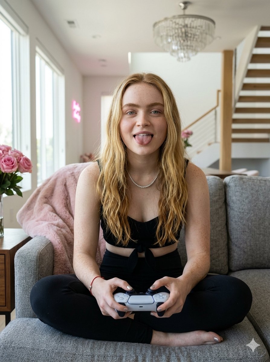 Portrait of a young woman sitting cross-legged on a {argument name="furniture" default="modern gray sofa"} in a bright …