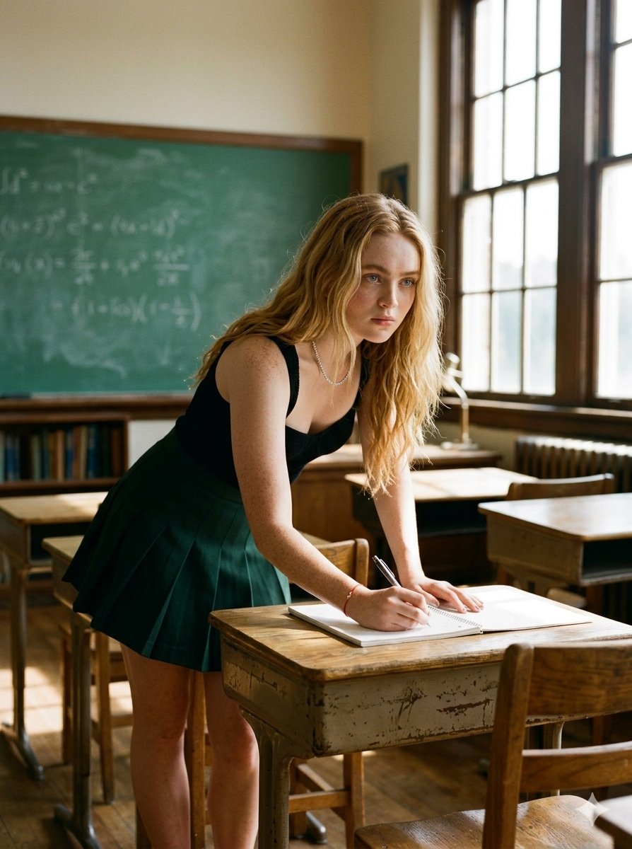 A captivating {argument name="subject" default="blonde figure"} leans gently over a wooden desk in a sunlit, nostalgic …