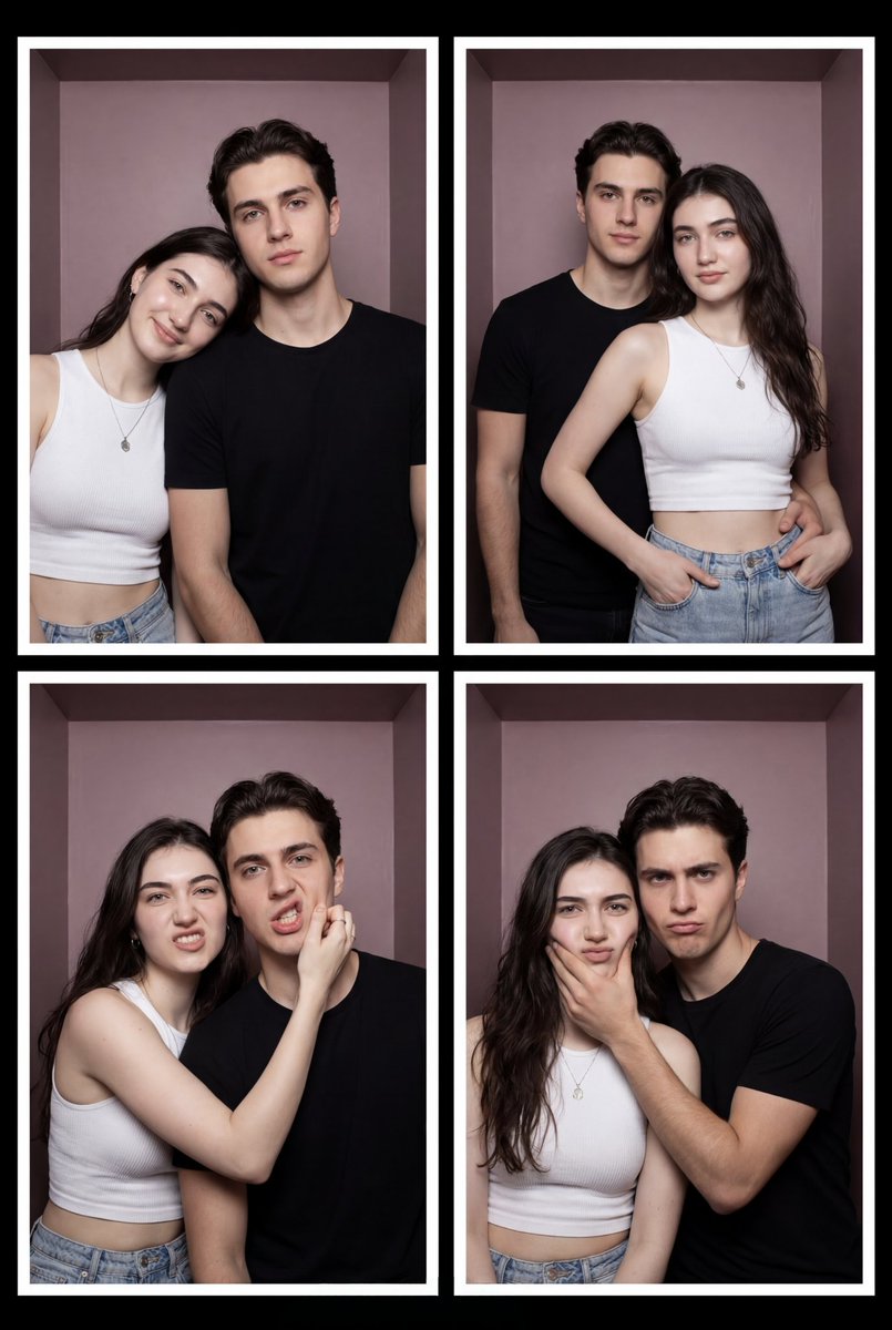 Shot Type: 4-panel photobooth strip layout, a single composite image of a 2x2 grid. Vibe: Playful, candid, youthful, an…