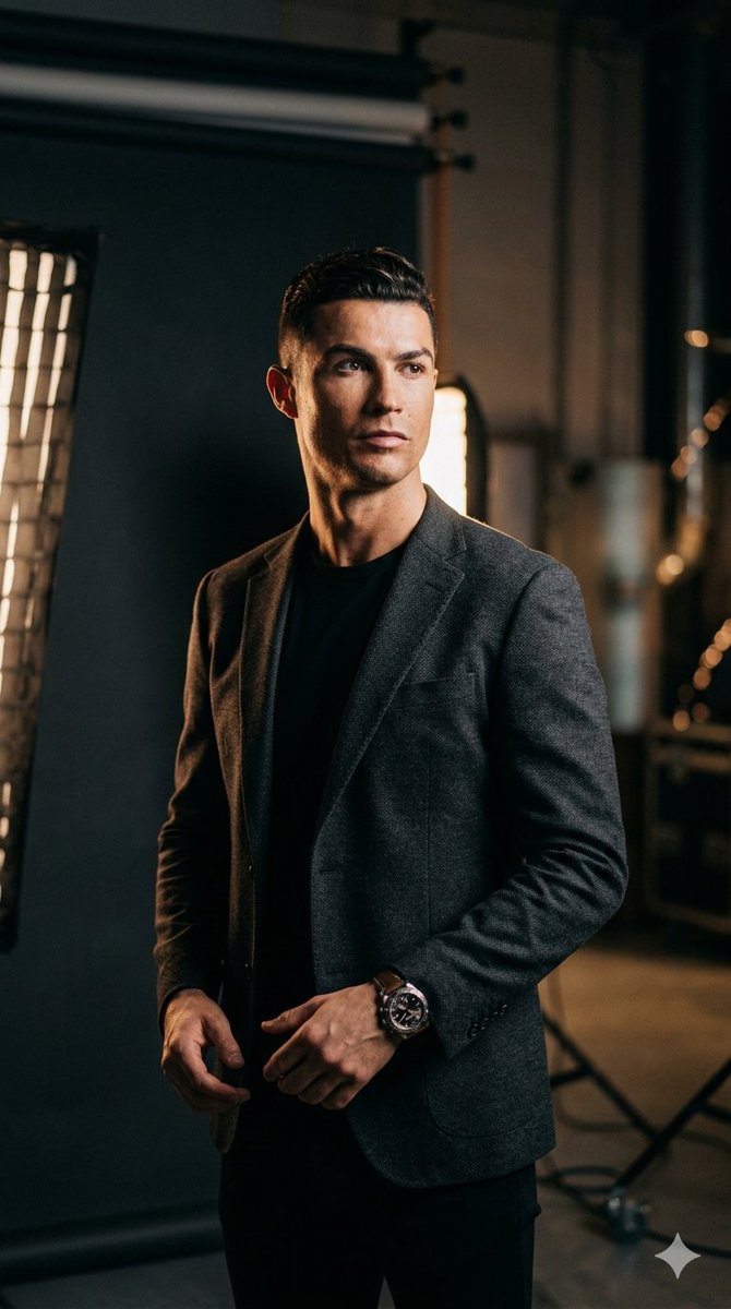 A professional, high-end studio portrait of a {argument name="lookalike" default="sharp-looking man resembling Cristian…