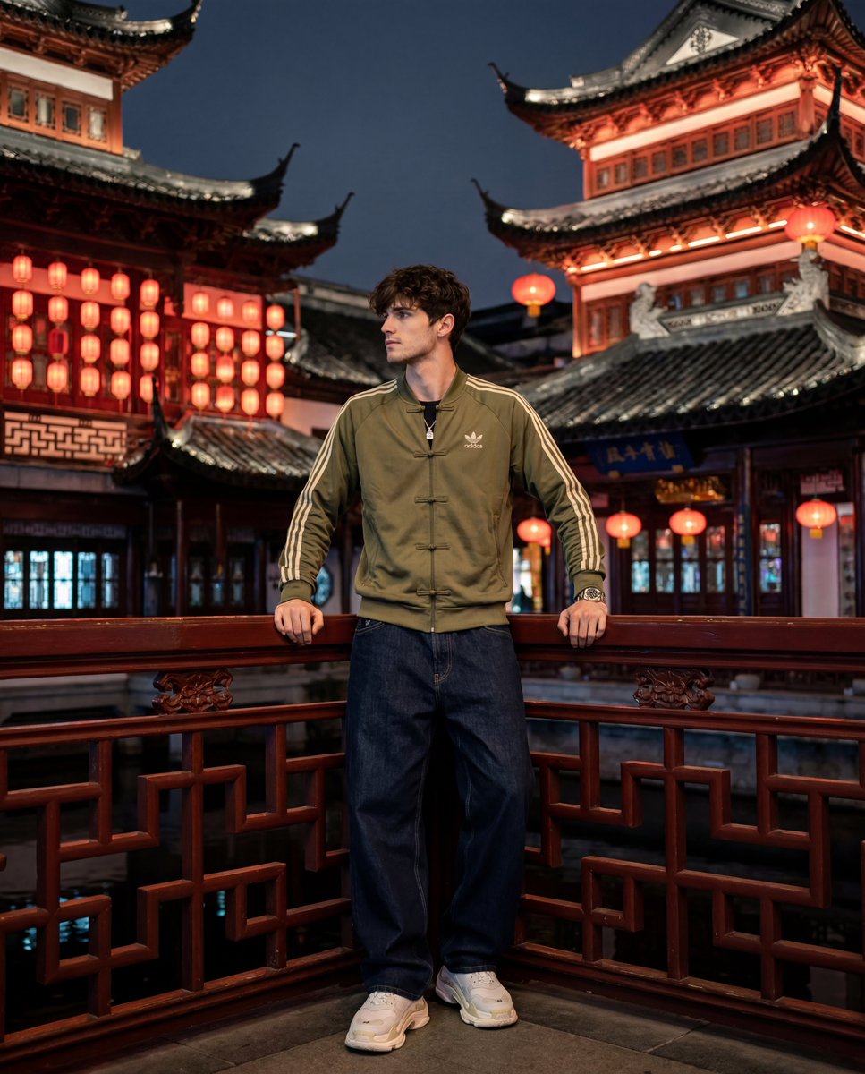 A hyper-realistic vertical 4:5 photograph of a carved balcony at night in the traditional Chinese Yu Garden complex in …