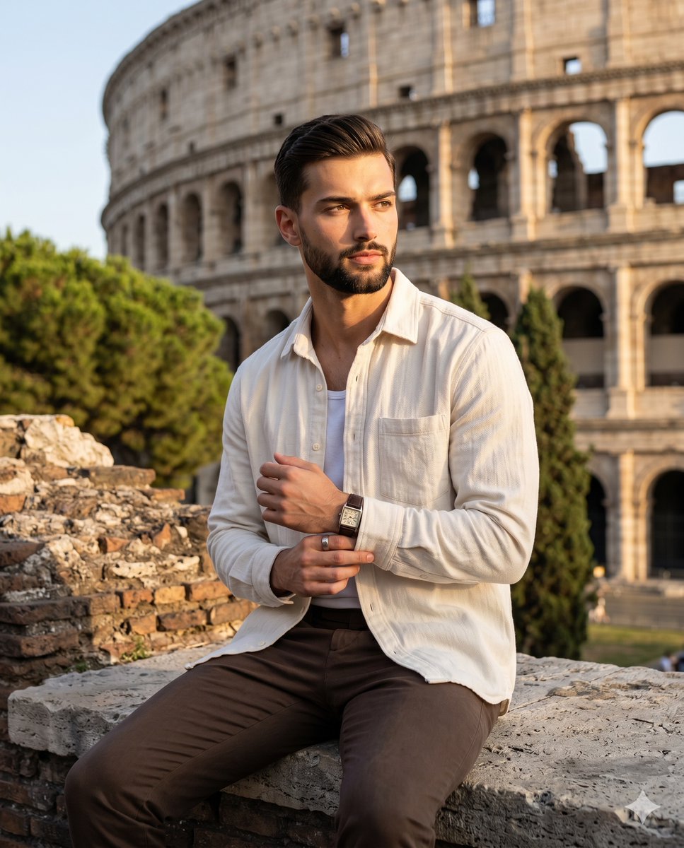 A {argument name="subject" default="young adult male"} sits calmly on a highly eroded, unfinished ancient stone wall, h…