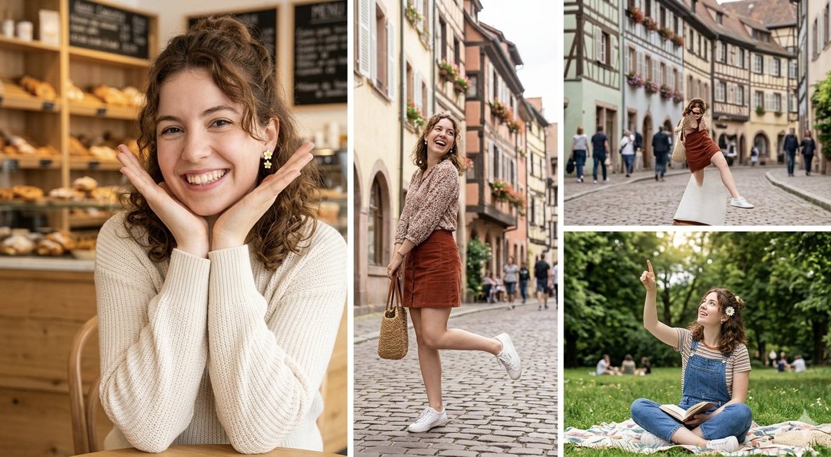 A multi-panel collage showcasing a {argument name="subject" default="cheerful young woman with curly brown hair"} in {a…