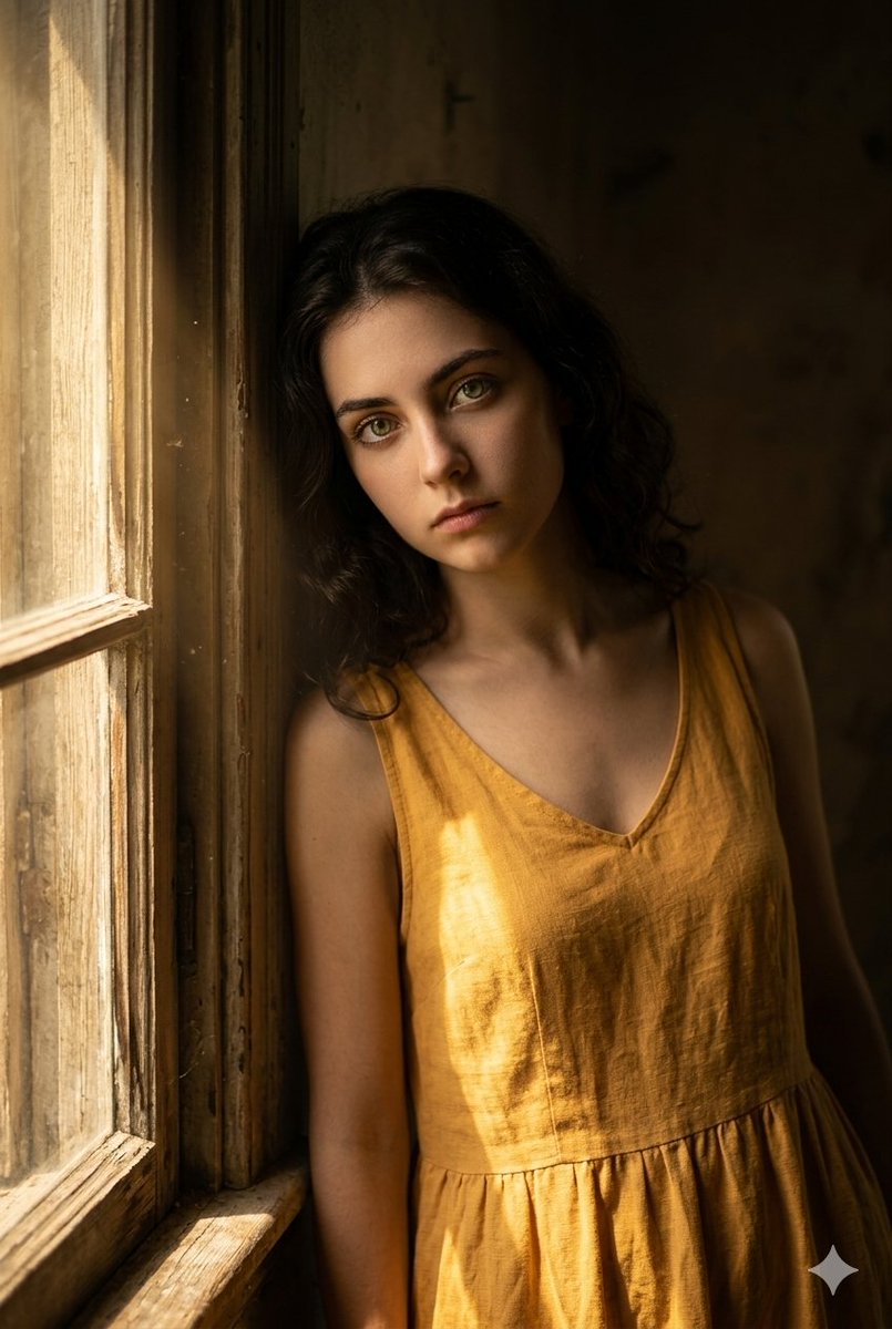 A cinematic, moody portrait of a {argument name="subject" default="young woman with captivating light green eyes and da…
