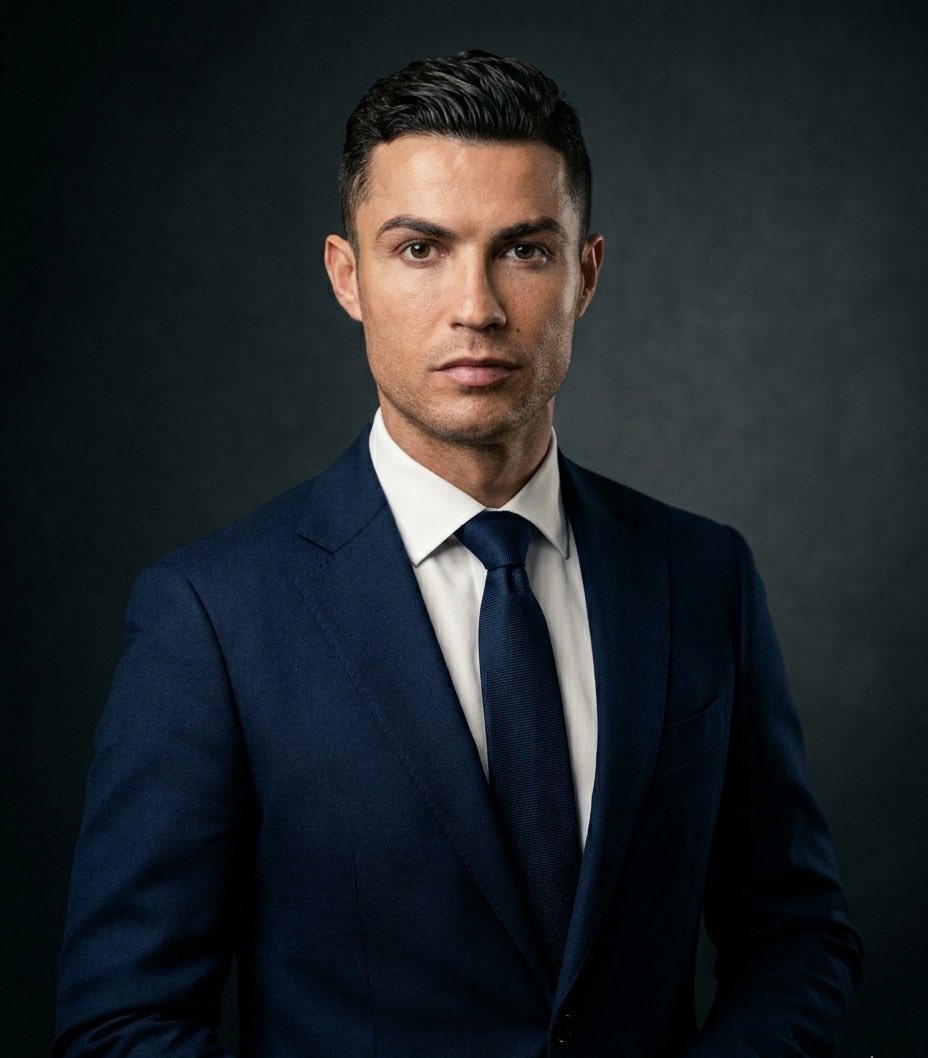 { "Ultra-realistic high-end studio portrait of a confident man in his mid-30s. He has short dark brown hair swept neatl…