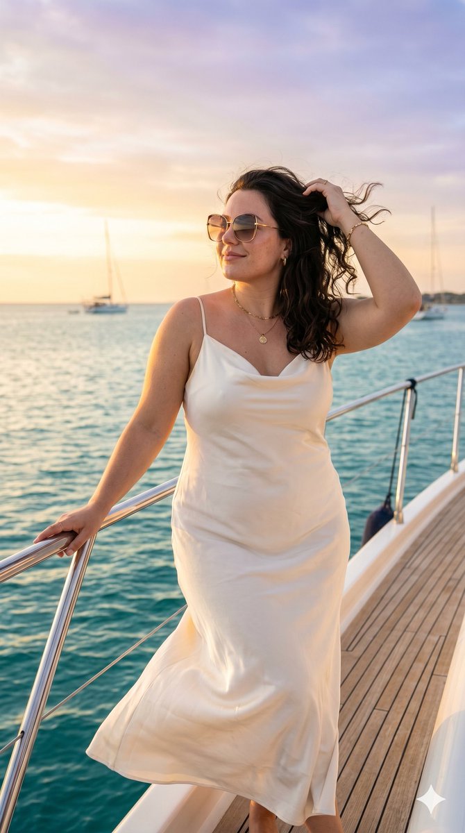 A professional, high-fashion portrait of a stylish young woman from the uploaded image standing on the deck of a luxury…