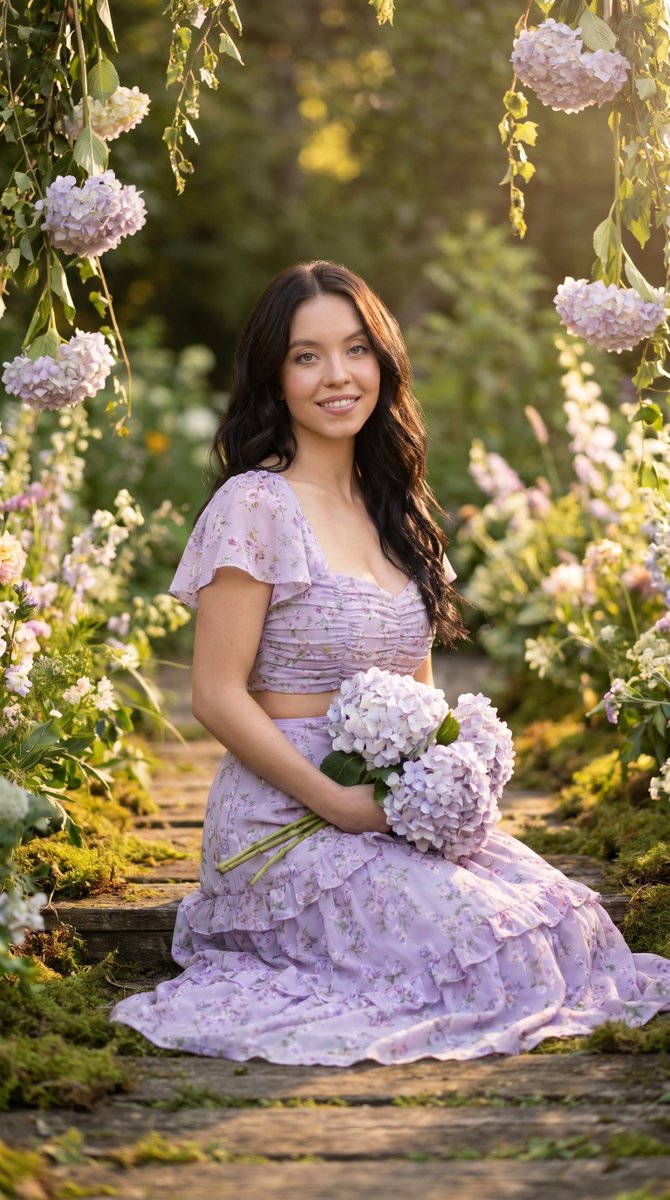 A dreamy portrait of a {argument name="subject" default="Sydney sweeney"} woman sitting on a {argument name="path type"…