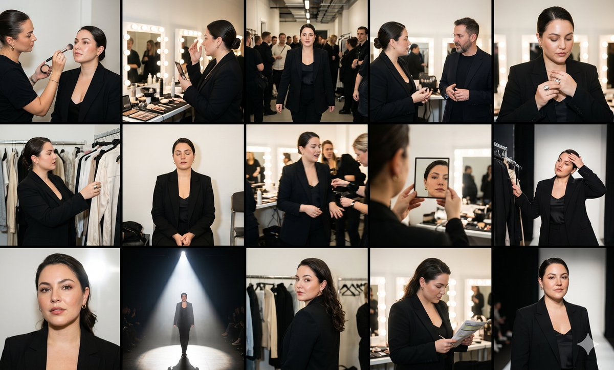 Ultra-photorealistic editorial collage arranged as a 5x3 backstage fashion week contact sheet. Fifteen photographs capt…