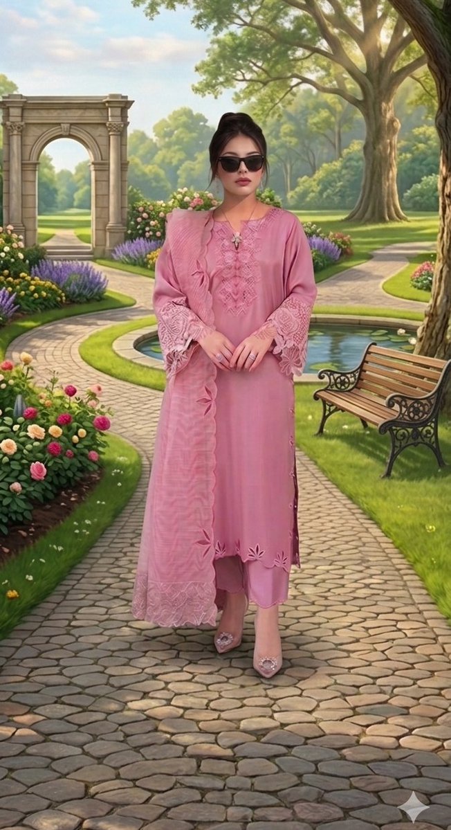 A dynamic, full-body portrait photograph of a young woman standing confidently in a beautifully landscaped classical ga…