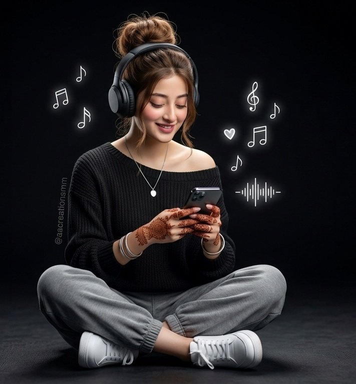 A 3D digital illustration of a beautiful young girl with black hair tied up in a messy bun, sitting cross-legged agains…