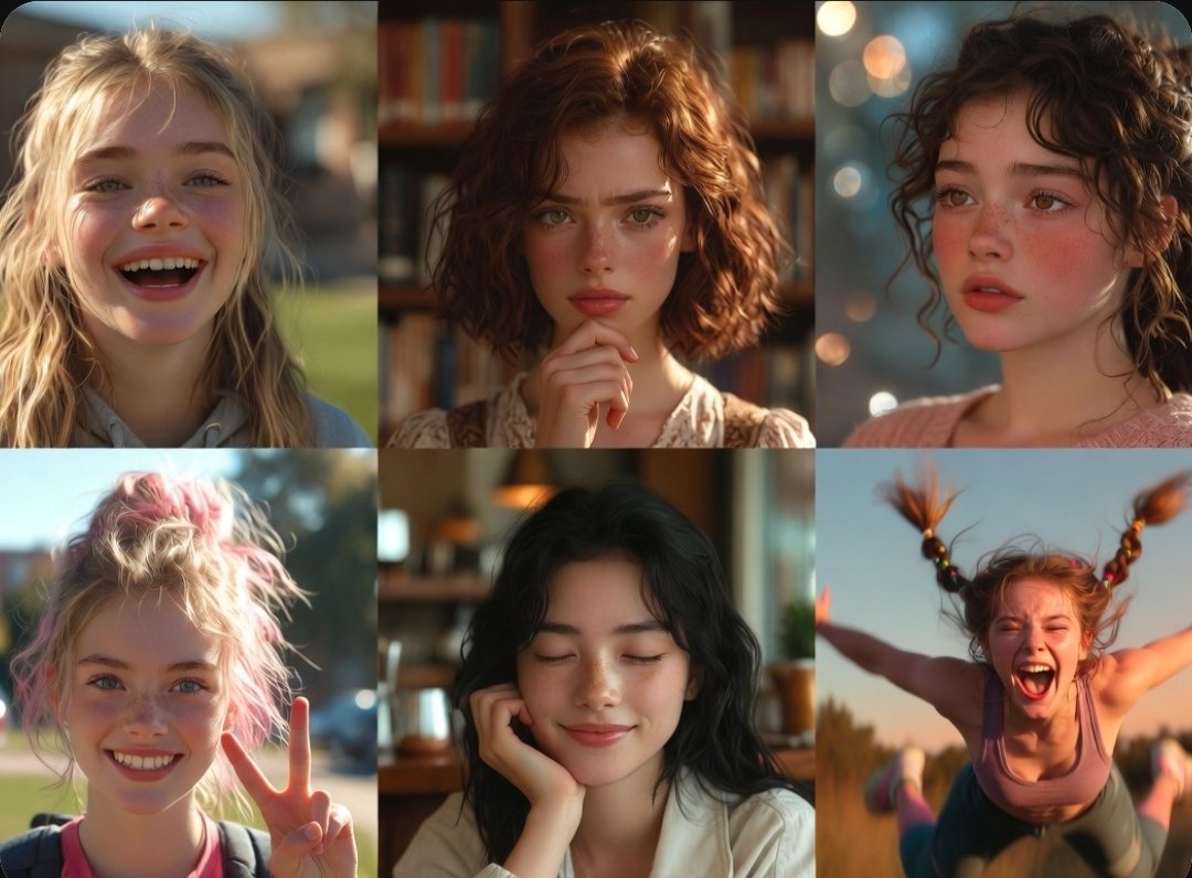 A photo collage showcasing diverse portraits of expressive young women with highly detailed, natural features, prominen…