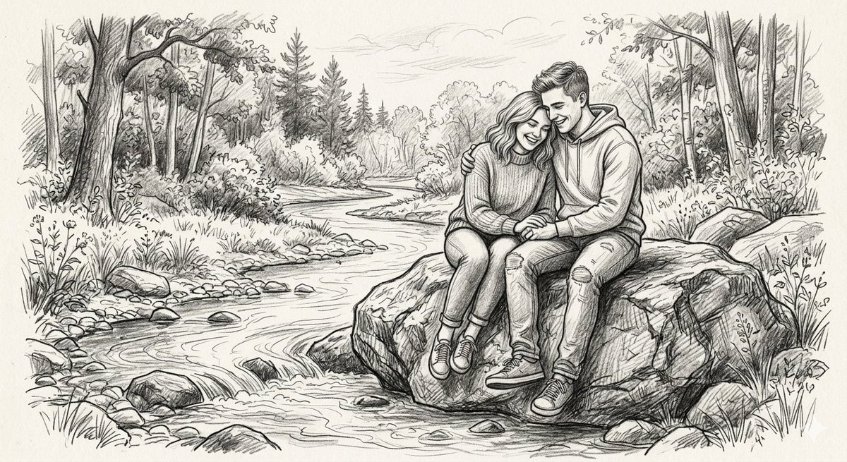 A detailed graphite pencil sketch of a {argument name="subject" default="young couple sharing a tender moment in a sere…