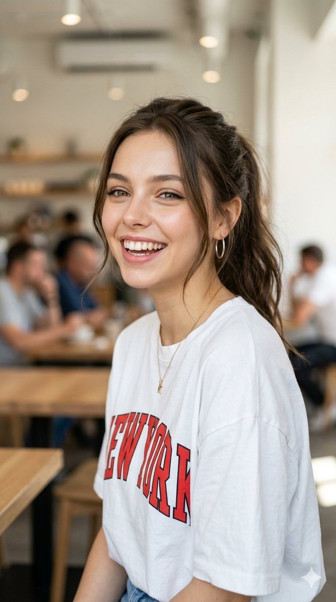 A beautiful young woman with {argument name=\"skin tone\" default=\"warm medium skin\"}, expressive dark eyes, and a jo…