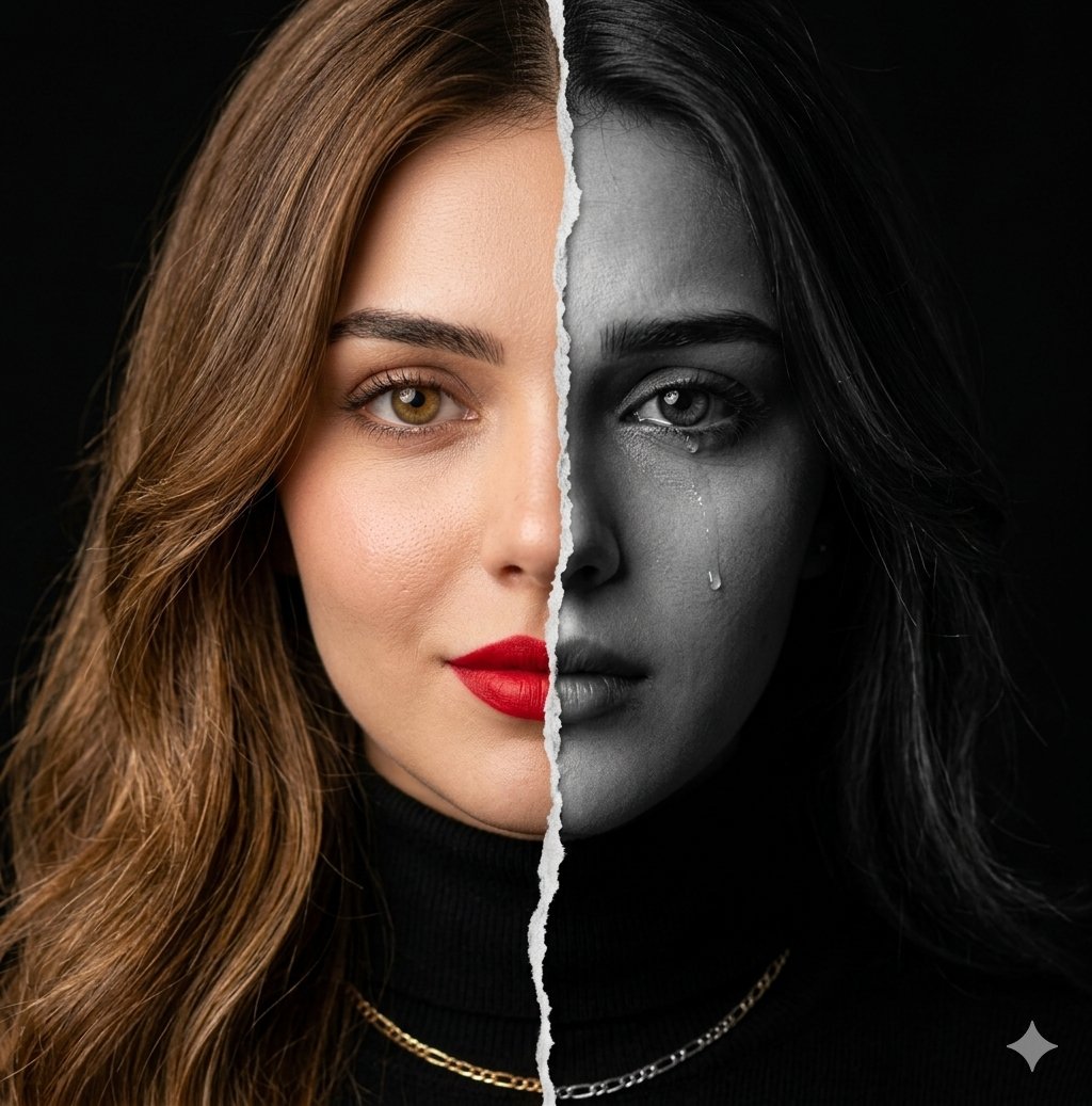 A high-resolution, hyper-realistic cinematic portrait of a {argument name="subject" default="woman's face"} split down …