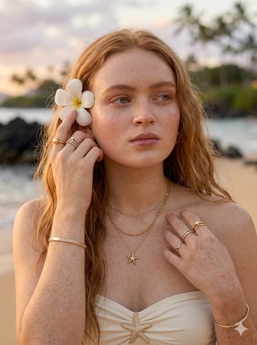 Ultra-realistic beach portrait of a {argument name="subject" default="young blonde woman"} sitting gracefully on warm g…