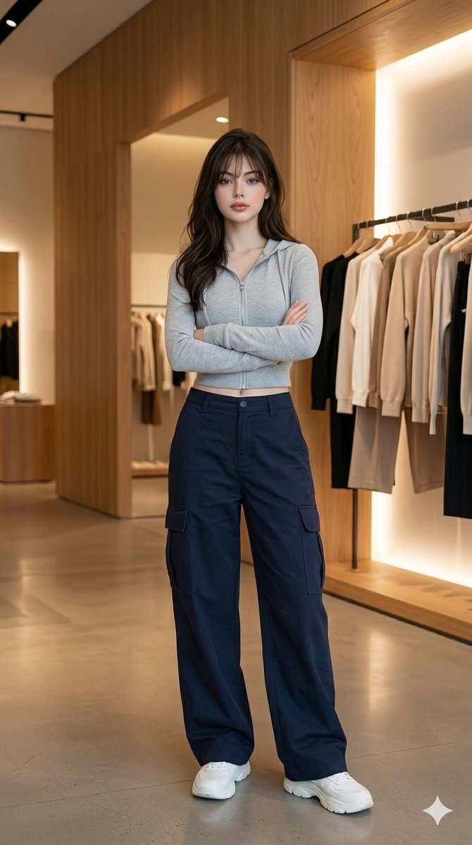 A full-body fashion portrait of a {argument name="subject" default="stylish young woman"} standing confidently inside a…