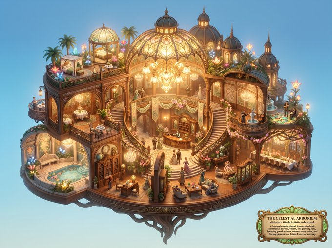 Whimsical miniature world depiction of a {argument name="location" default="luxury hotel lobby"} in an artistic {argume…