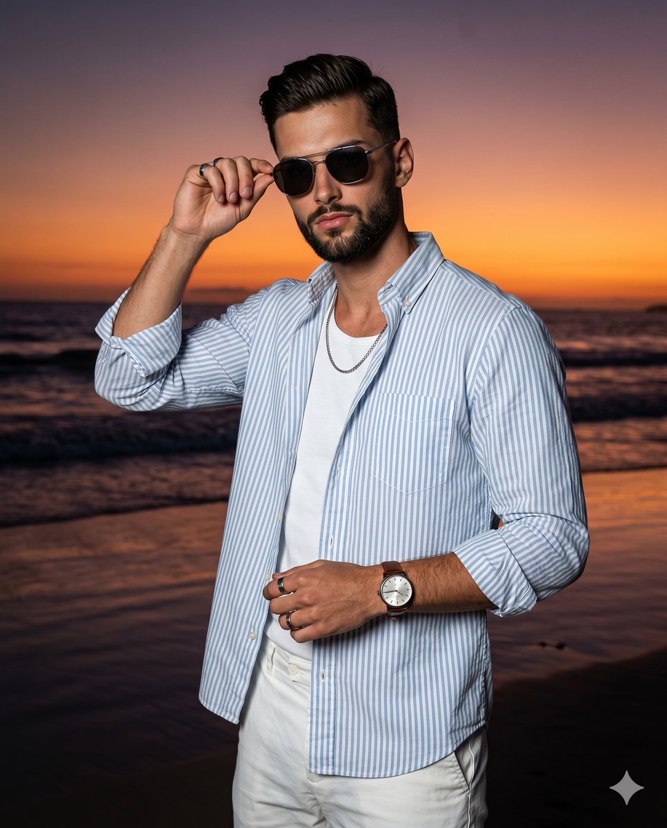 A confident young bearded man stands anchoring the left-center of the composition, turned at a relaxed 45-degree angle …