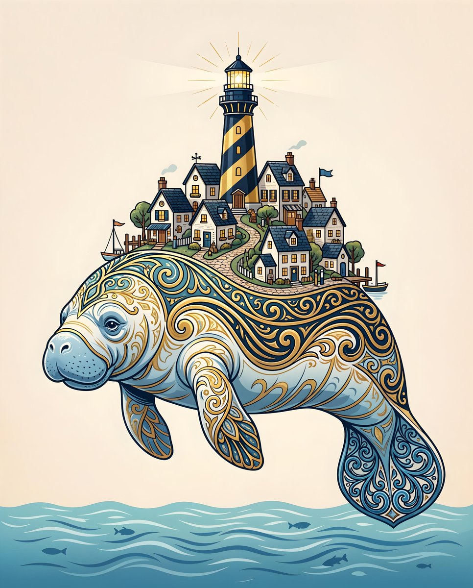 A highly detailed, {argument name="art style" default="stylized illustration of a majestic West Indian manatee carrying…